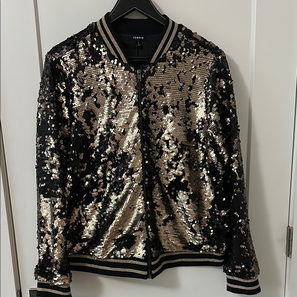 Torrid Black and Gold Sequin Bomber Jacket